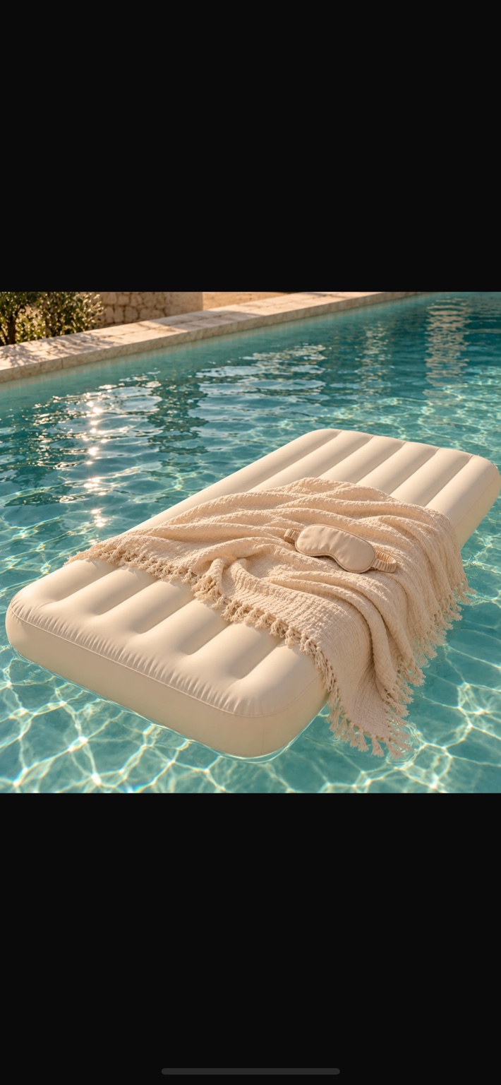 A cream floating bed with a soft blanket and eye mask on turquoise pool water