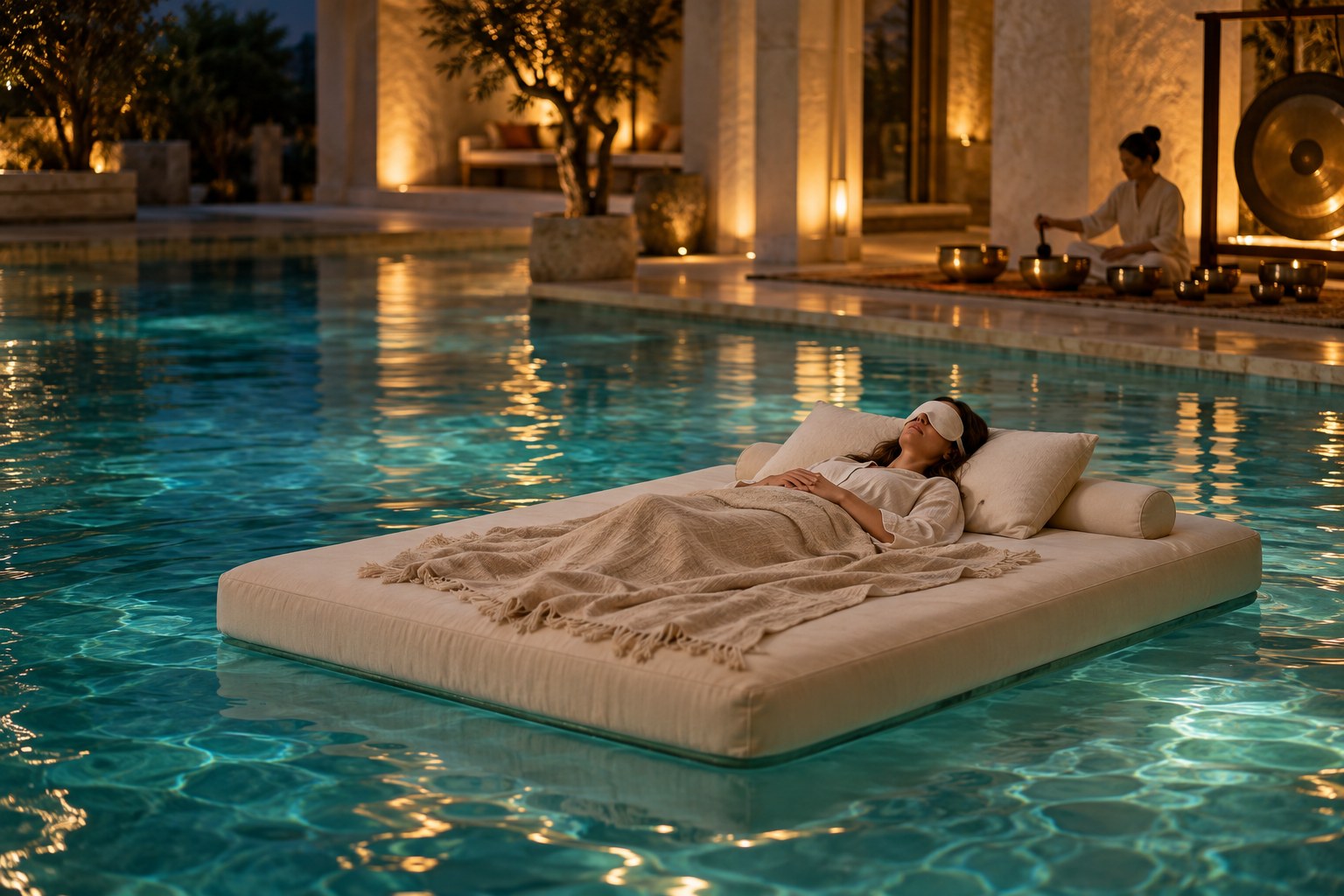 Concept scene of a guest resting under a cream blanket on a floating bed in a softly lit turquoise spa pool